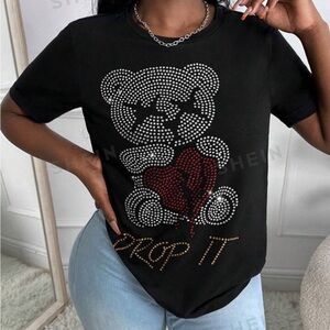 Black casual shirt with a rhinestone bear